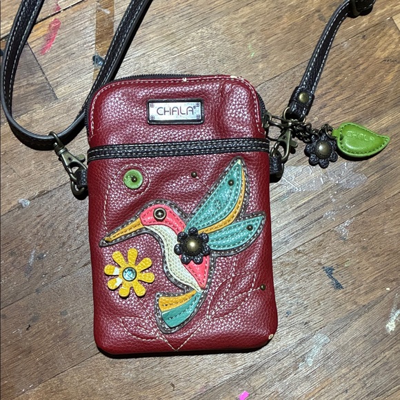 Chala Handbags - Chala Burgundy Crossbody Bag with Hummingbird and Flower